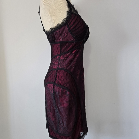 BEBE Bodice Style Black Lace Trimmed  Dress With Pink Underlay. Size Medium - Picture 4 of 12